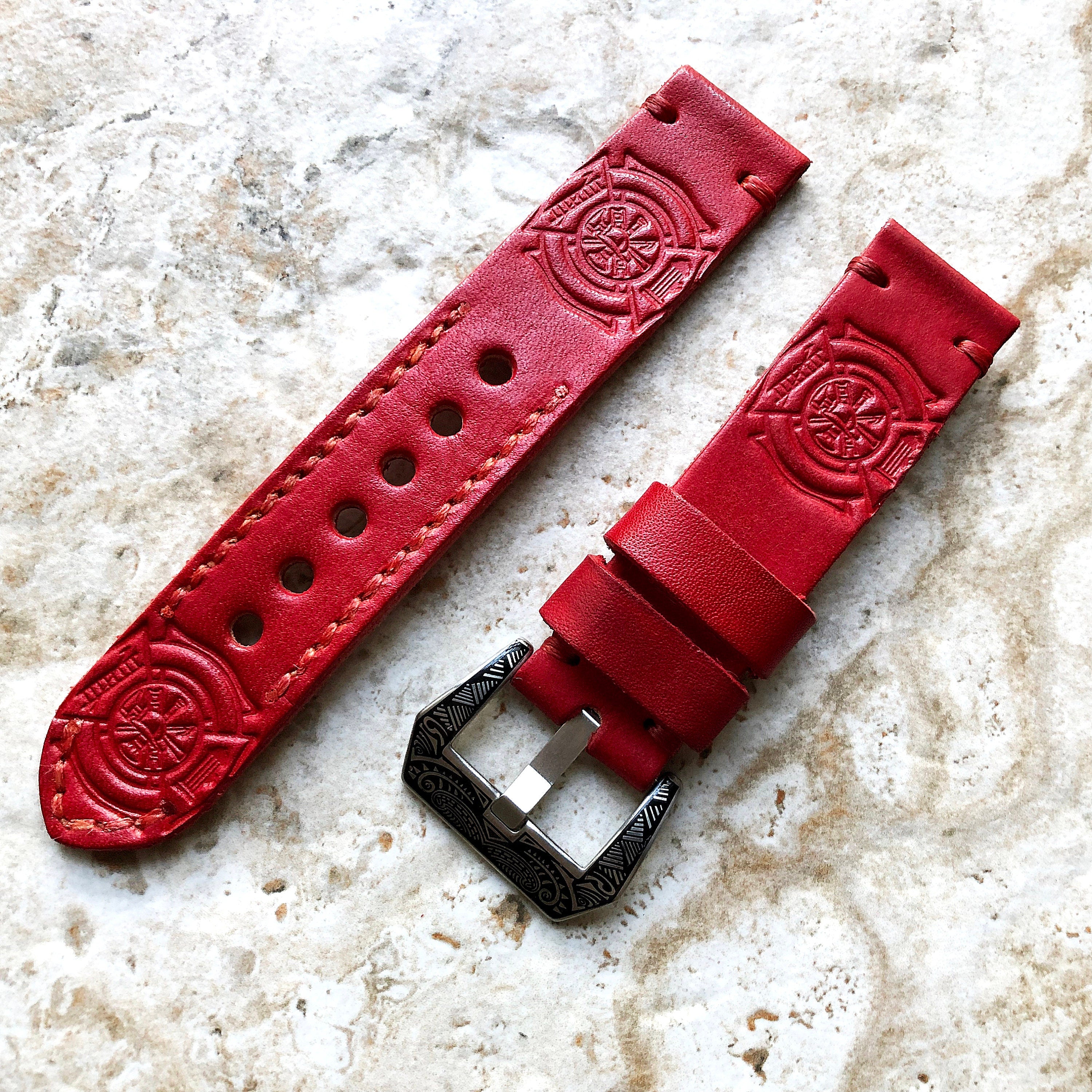 Firefighter Badge Band 22mm 24mm 25mm Tooled Embossed Genuine Leather Compatible with Apple Watch Fitbit Versa 2 3 4 Sense 2 Ionic Strap